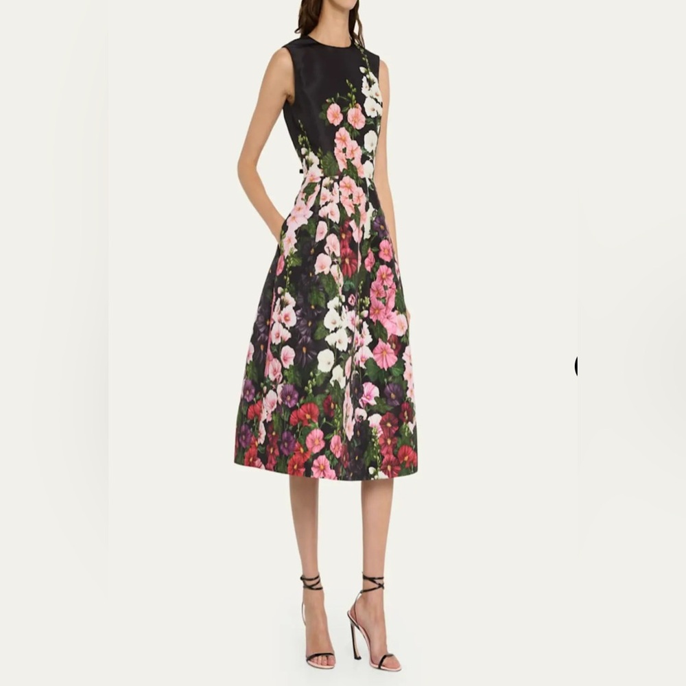 Oscar de la Renta Black Degrade Hollyhocks Faille Midi Dress stunning!  $4990